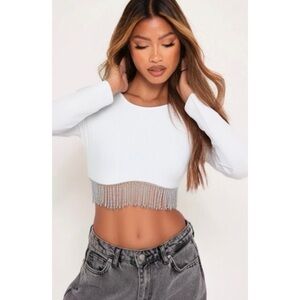 NEW Lizette Collection Cream Longsleeve Rhinestone Fringe Crop Top, Women's XL